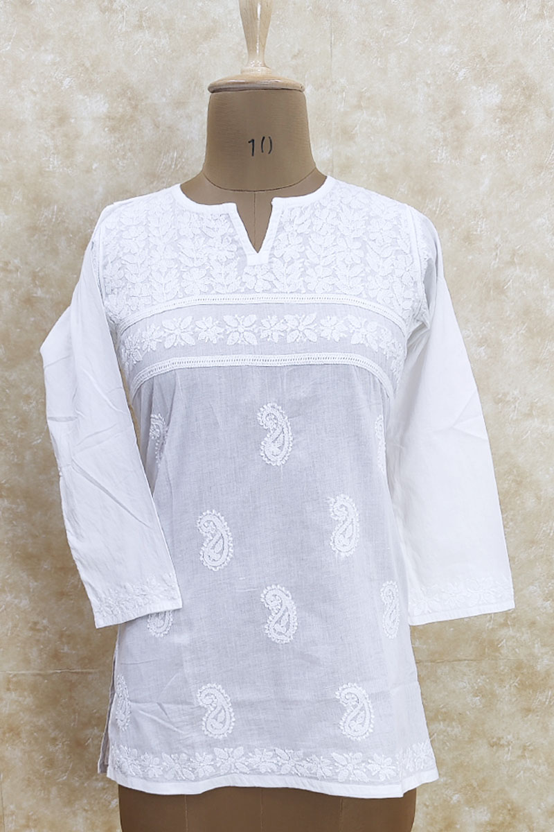 WHITE Colour Hand Embroidered COTTON CHIKANKARI SHORT TOP MC251970